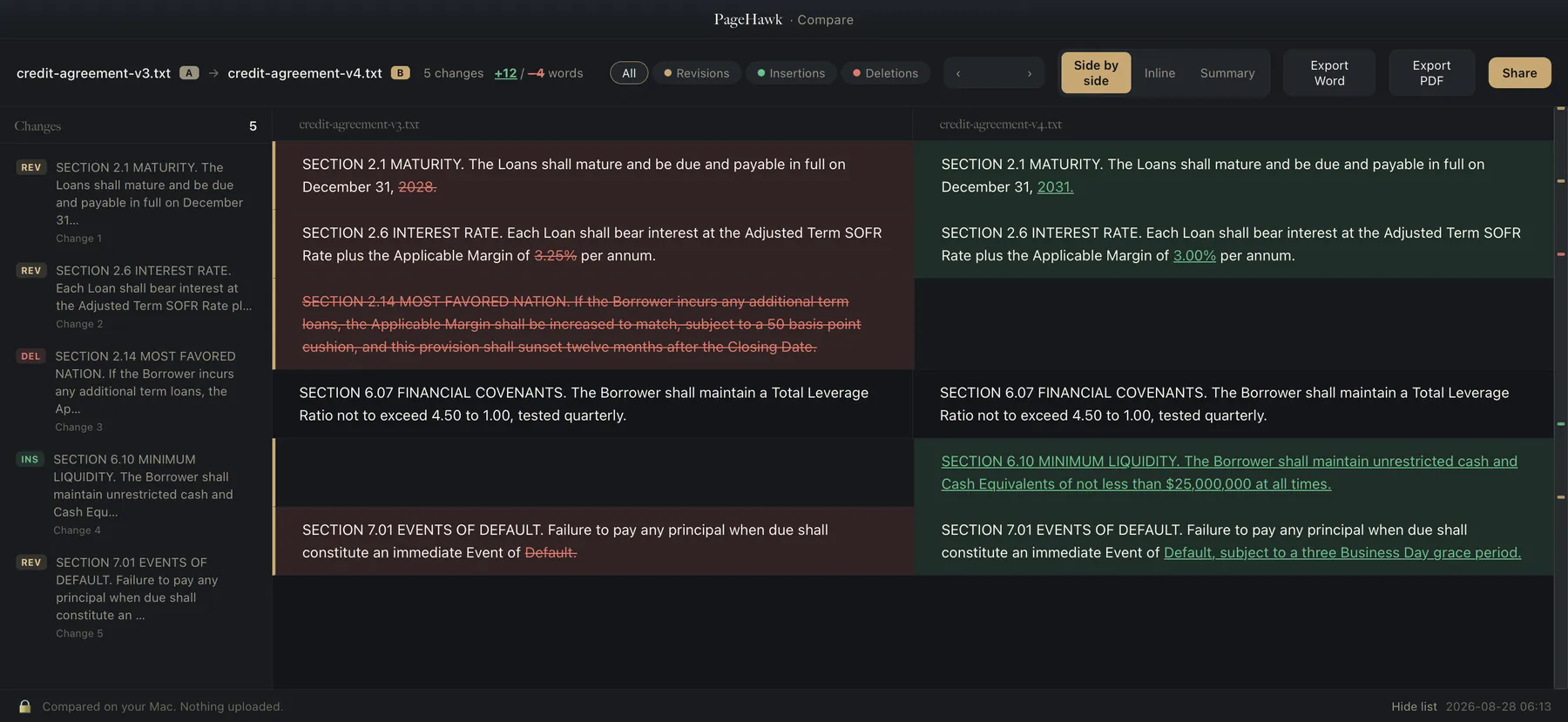 PageHawk in dark mode, comparing two versions of a credit agreement side by side with five changes marked.