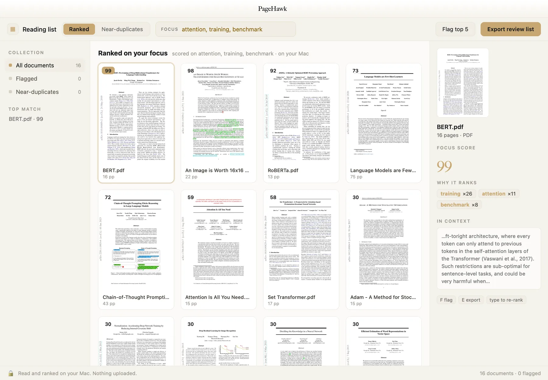 PageHawk ranking a reading list of sixteen machine-learning papers on the focus attention, training, benchmark: every paper scored, the top match explained in the side panel.